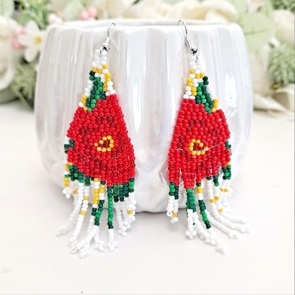 💖 2/$30 Seed Bead long tassel boho white red floral rose drop earrings Festival - Picture 1 of 17